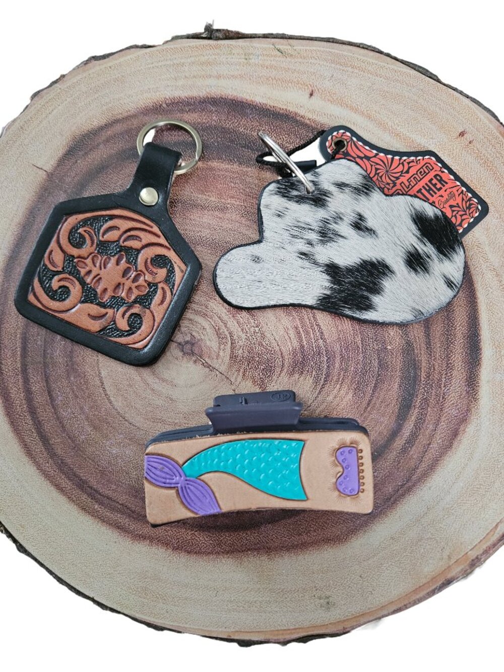 New Tooled Leather Jewelry Box Claw Hair Clip Keychain Accessory Bundle